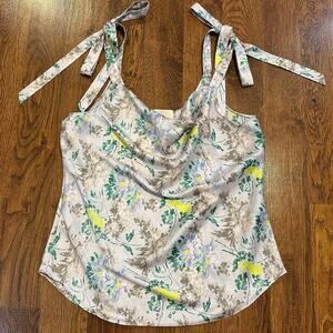 Cinq à Sept Marta Floral Cami Women’s Large Violet Cowl Neck Tie Strap Top